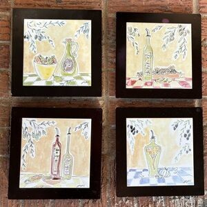 Set of 4 Vintage Wood Framed Ceramic Tile Trivets with Olive Oil Artwork 8”x8”